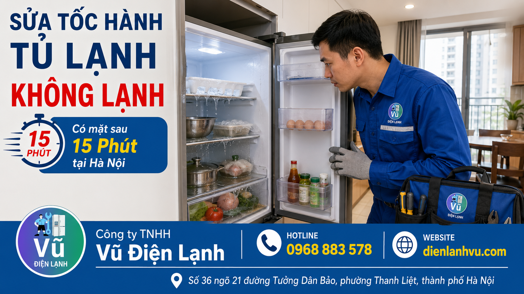 Kỹ thuật viên Vũ Điện Lạnh nhanh chóng có mặt kiểm tra tình trạng tủ lạnh không lạnh, rã đông thực phẩm tại nhà khách hàng ở Hà Nội.