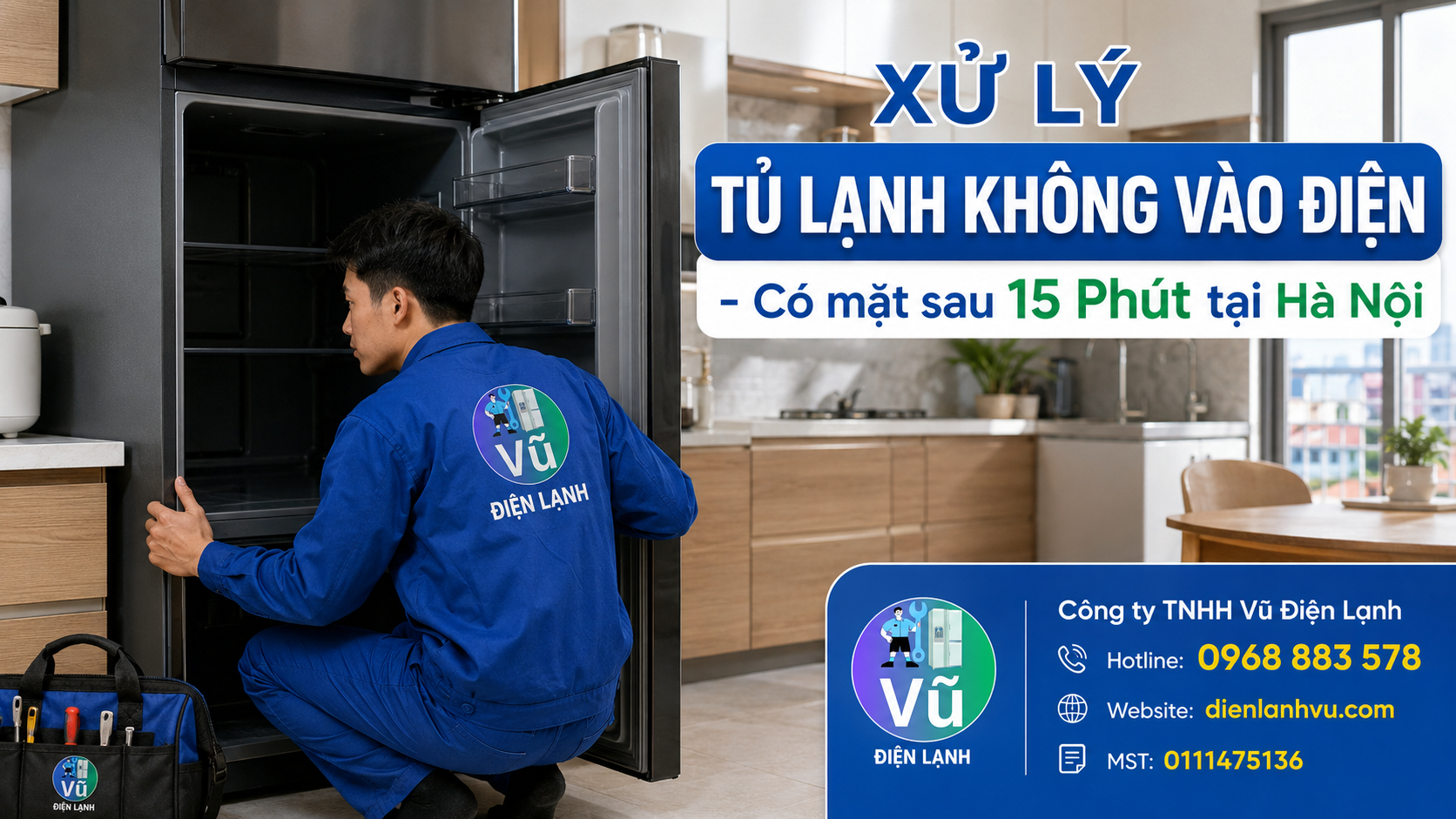 Kỹ thuật viên Vũ Điện Lạnh nhanh chóng có mặt kiểm tra tình trạng tủ lạnh không vào điện, mất nguồn hoàn toàn tại nhà khách hàng.