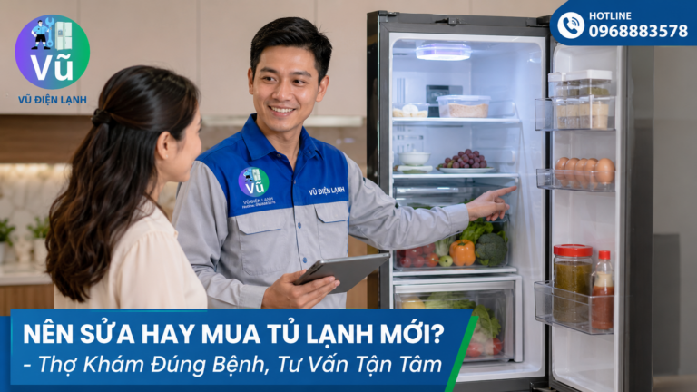 Kỹ thuật viên Vũ Điện Lạnh đang đo kiểm tra và tư vấn trung thực cho khách hàng nên sửa hay mua tủ lạnh mới.