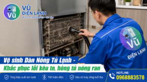Kỹ thuật viên vệ sinh dàn nóng tản nhiệt bám đầy bụi bẩn, nguyên nhân khiến tủ lạnh chạy không ngắt và hai bên hông nóng ran.