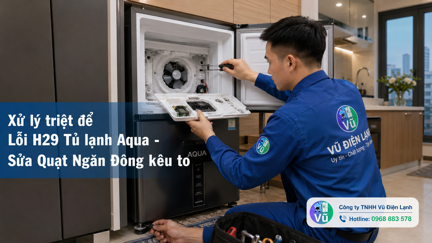 Kỹ thuật viên khắc phục lỗi H29 trên tủ lạnh Aqua bằng cách kiểm tra quạt ngăn đông và kê lại chân đế tủ cho bằng phẳng.