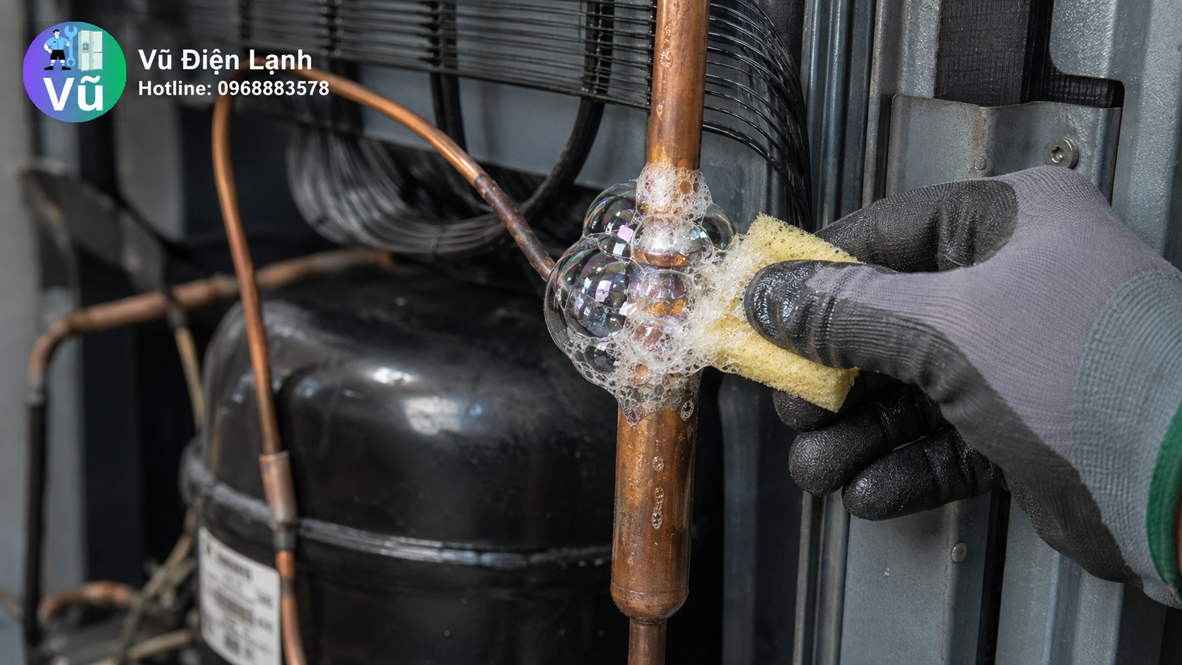 Hướng dẫn cách dùng nước xà phòng kiểm tra điểm rò rỉ gas trên đường ống đồng tủ lạnh tại nhà.
