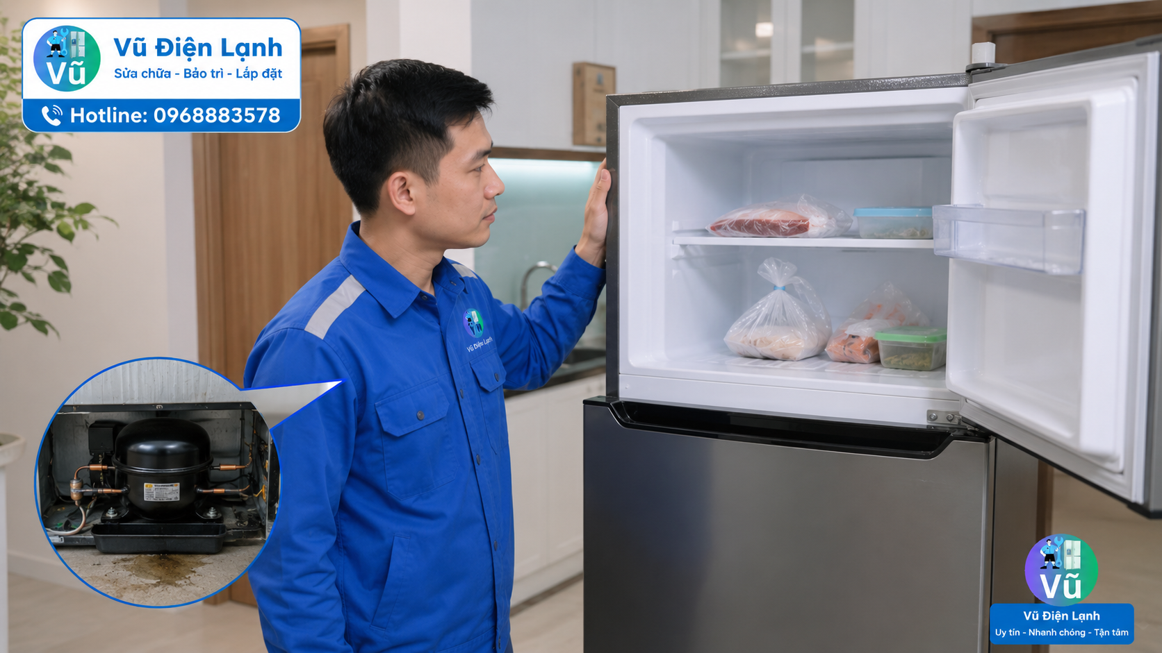 Kỹ thuật viên Vũ Điện Lạnh kiểm tra dấu hiệu tủ lạnh hết gas, chạy liên tục nhưng ngăn đá không đông.