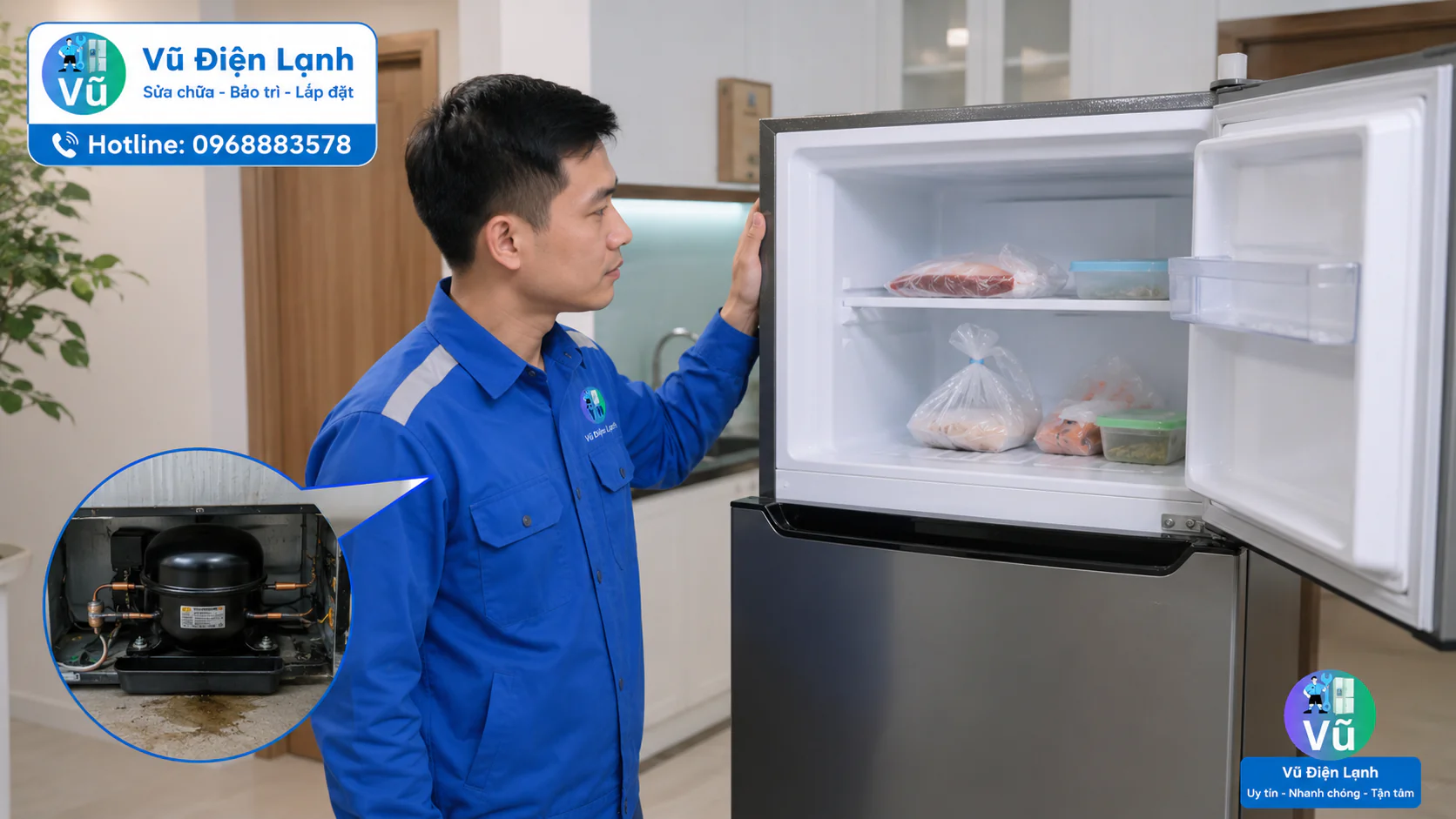 Kỹ thuật viên Vũ Điện Lạnh kiểm tra dấu hiệu tủ lạnh hết gas, chạy liên tục nhưng ngăn đá không đông.