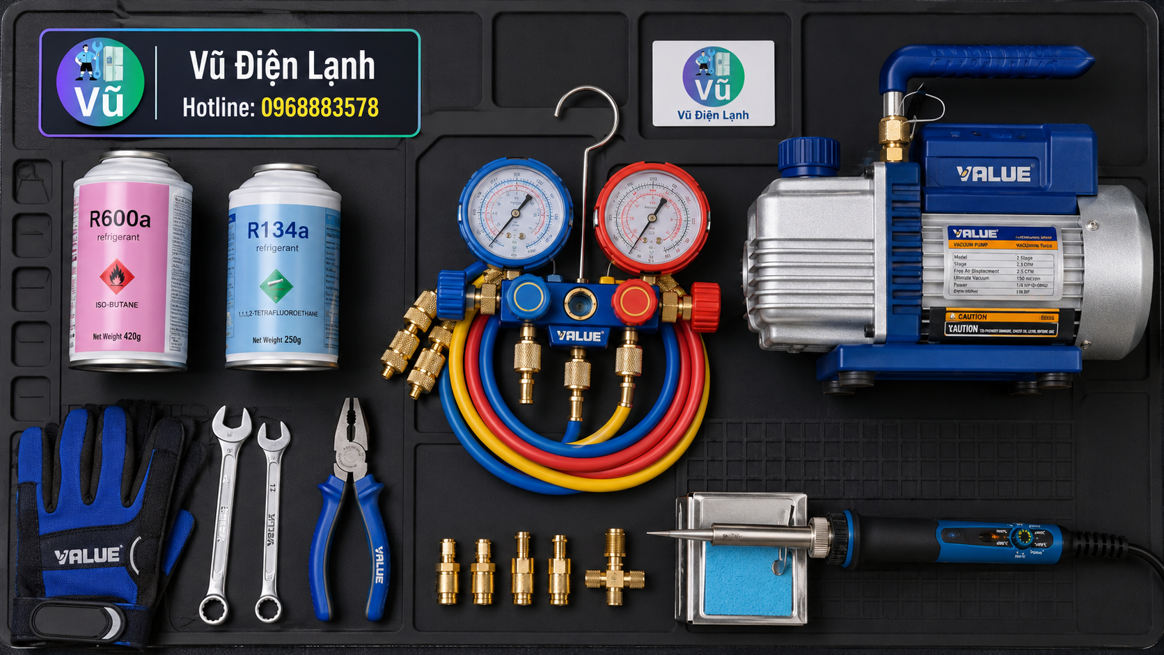 Bộ dụng cụ bơm ga tủ lạnh chuẩn kỹ thuật bao gồm đồng hồ áp suất, máy hút chân không và bình gas R134a, R600a.