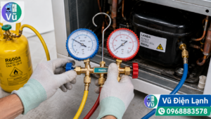 Kỹ thuật viên thao tác nạp gas mới cho tủ lạnh, theo dõi áp suất chuẩn qua đồng hồ đo chuyên dụng.