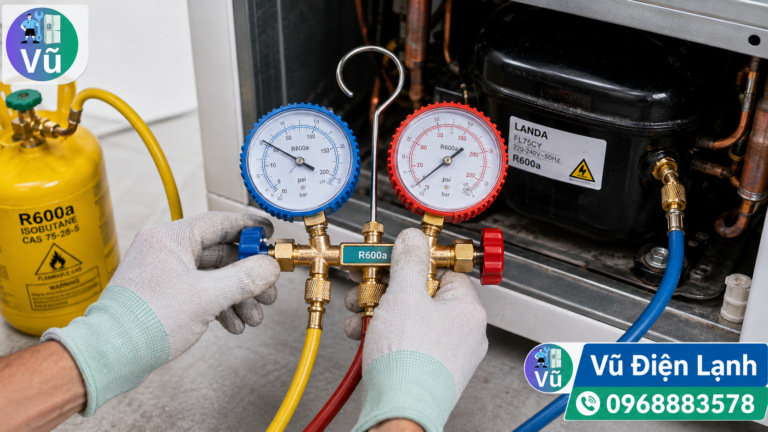 Kỹ thuật viên thao tác nạp gas mới cho tủ lạnh, theo dõi áp suất chuẩn qua đồng hồ đo chuyên dụng.