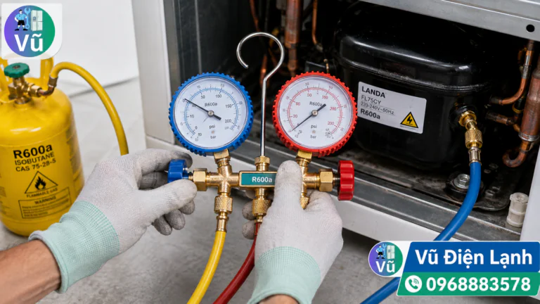 Kỹ thuật viên thao tác nạp gas mới cho tủ lạnh, theo dõi áp suất chuẩn qua đồng hồ đo chuyên dụng.