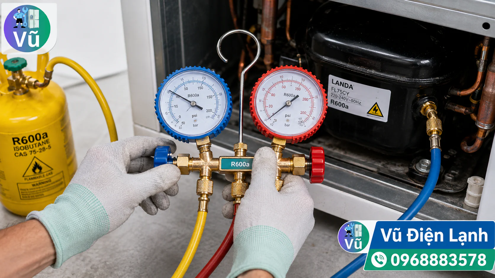 Kỹ thuật viên thao tác nạp gas mới cho tủ lạnh, theo dõi áp suất chuẩn qua đồng hồ đo chuyên dụng.