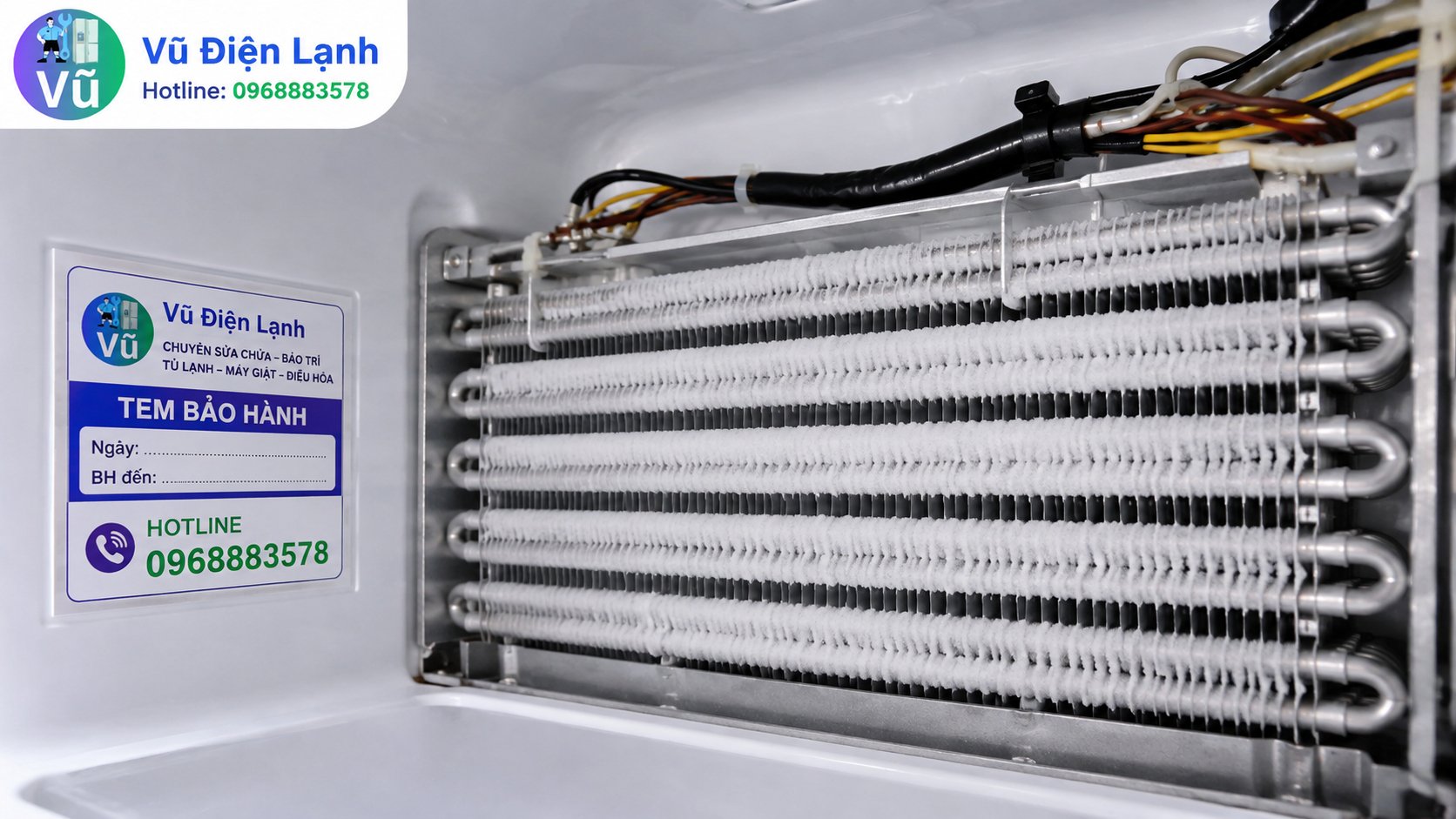Dàn lạnh bám tuyết đều đặn sau khi được Vũ Điện Lạnh nạp đủ gas và khắc phục lỗi rò rỉ.
