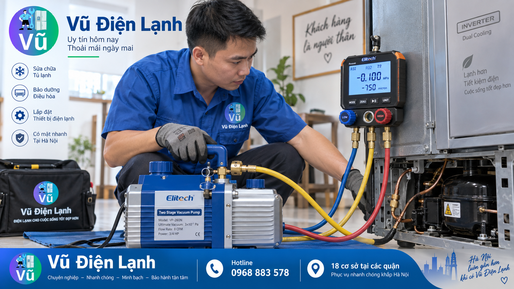 Kỹ thuật viên dùng máy hút chân không chuyên dụng rút kiệt không khí trong hệ thống trước khi nạp gas tủ lạnh.