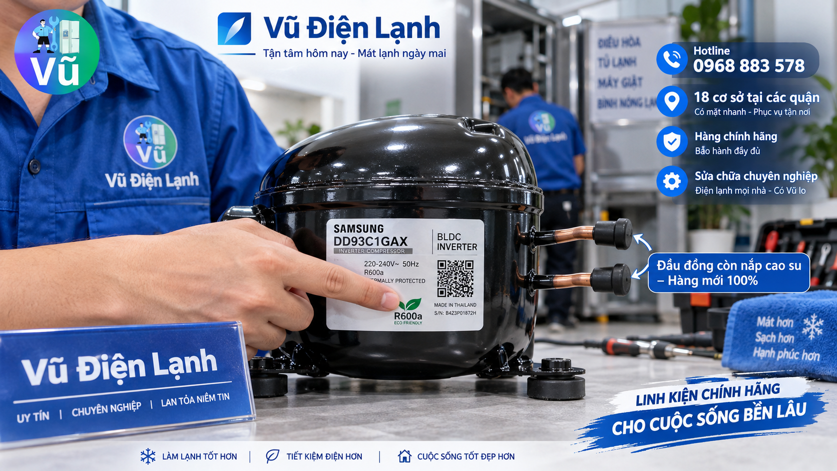 Hướng dẫn khách hàng kiểm tra Block máy nén tủ lạnh mới 100% nguyên nút cao su và mã QR trước khi thay thế.