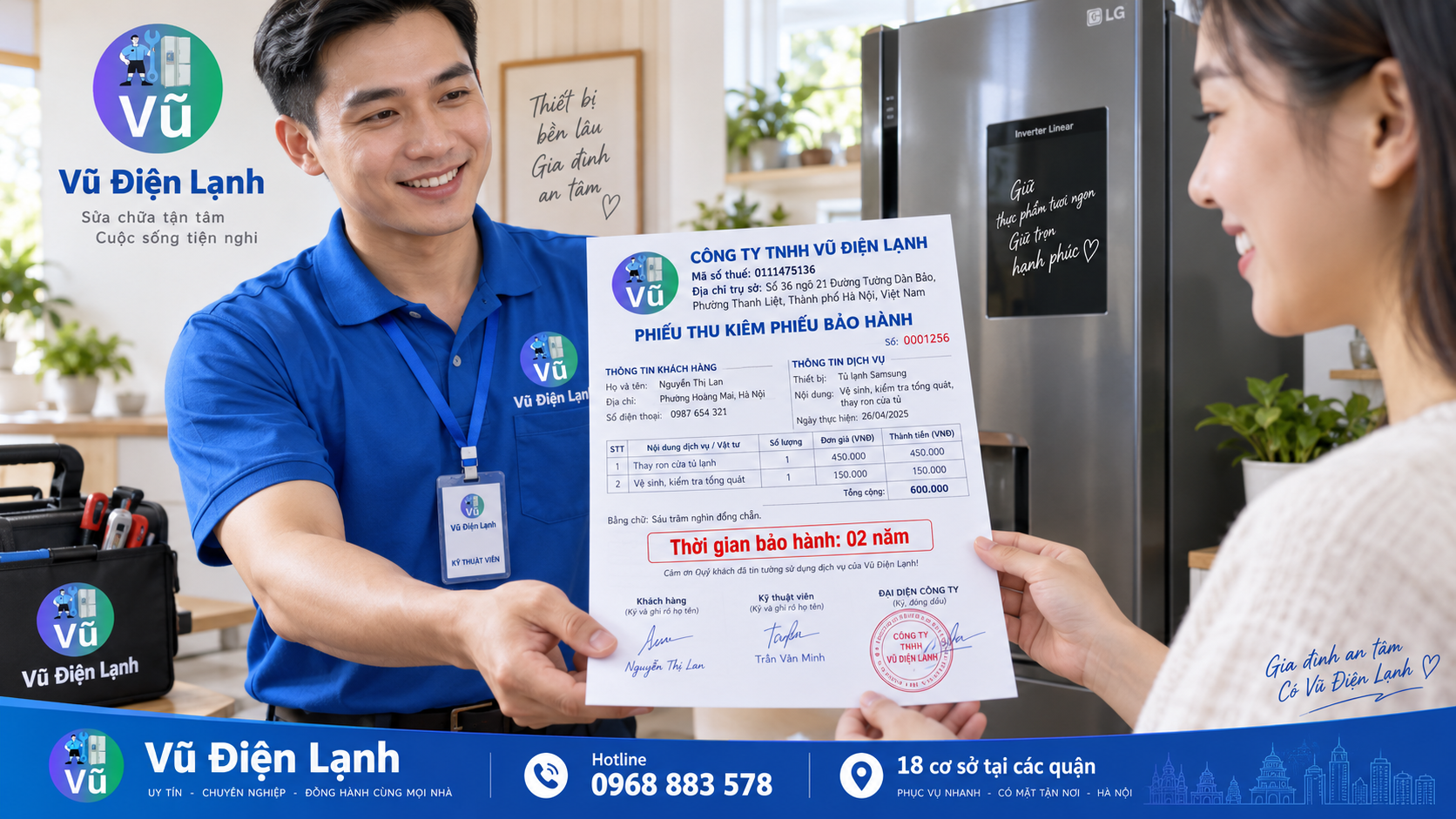 Bàn giao phiếu bảo hành có mộc đỏ và thông tin pháp nhân Công ty TNHH Vũ Điện Lạnh sau khi sửa chữa xong.