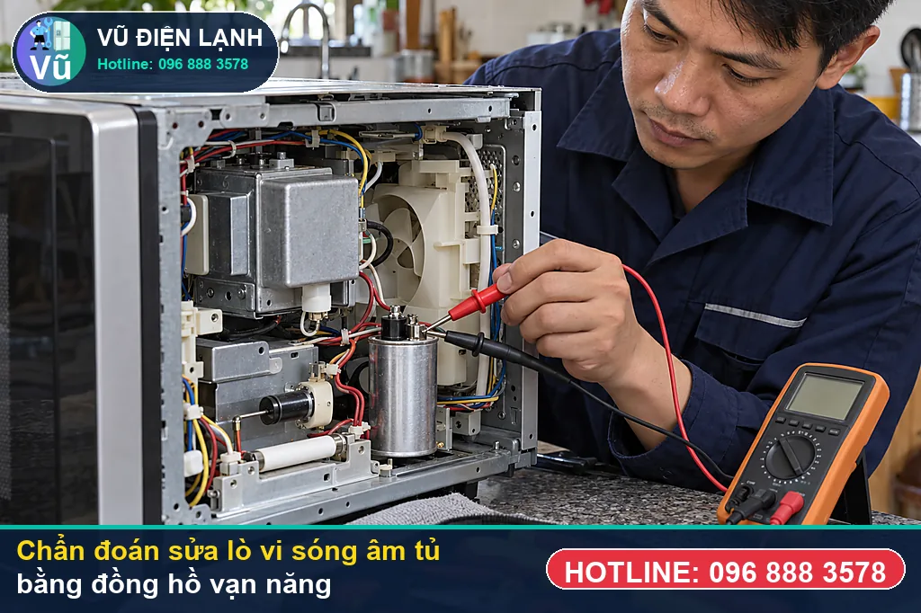 Thợ Vũ Điện Lạnh đo kiểm hạng mục hỏng khối công suất inverter châu âu hoặc đèn magnetron công khi xử lý sửa lò vi sóng âm tủ