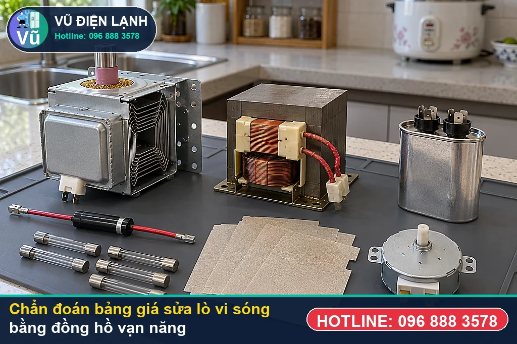 Thợ Vũ Điện Lạnh đo kiểm hạng mục nhóm linh kiện phụ, tấm mica, cầu chì & công tắc cửa khi xử lý bảng giá sửa lò vi sóng