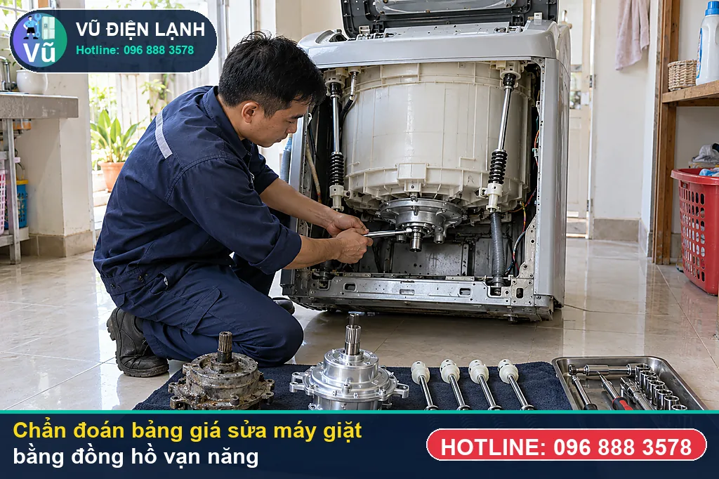 Thợ Vũ Điện Lạnh đo kiểm hạng mục bảng giá sửa máy giặt khi xử lý bảng giá sửa máy giặt