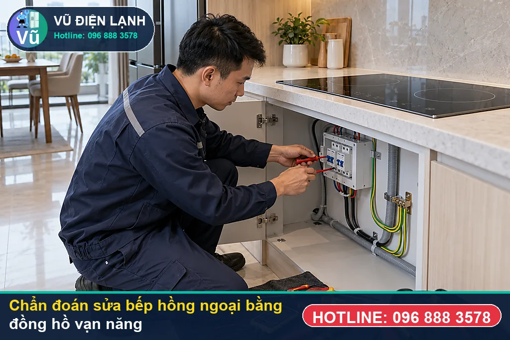 Thợ Vũ Điện Lạnh đo kiểm hạng mục đứt dây mayso / sợi carbon trên mâm nhiệt hi-light e.g.o khi xử lý sửa bếp hồng ngoại
