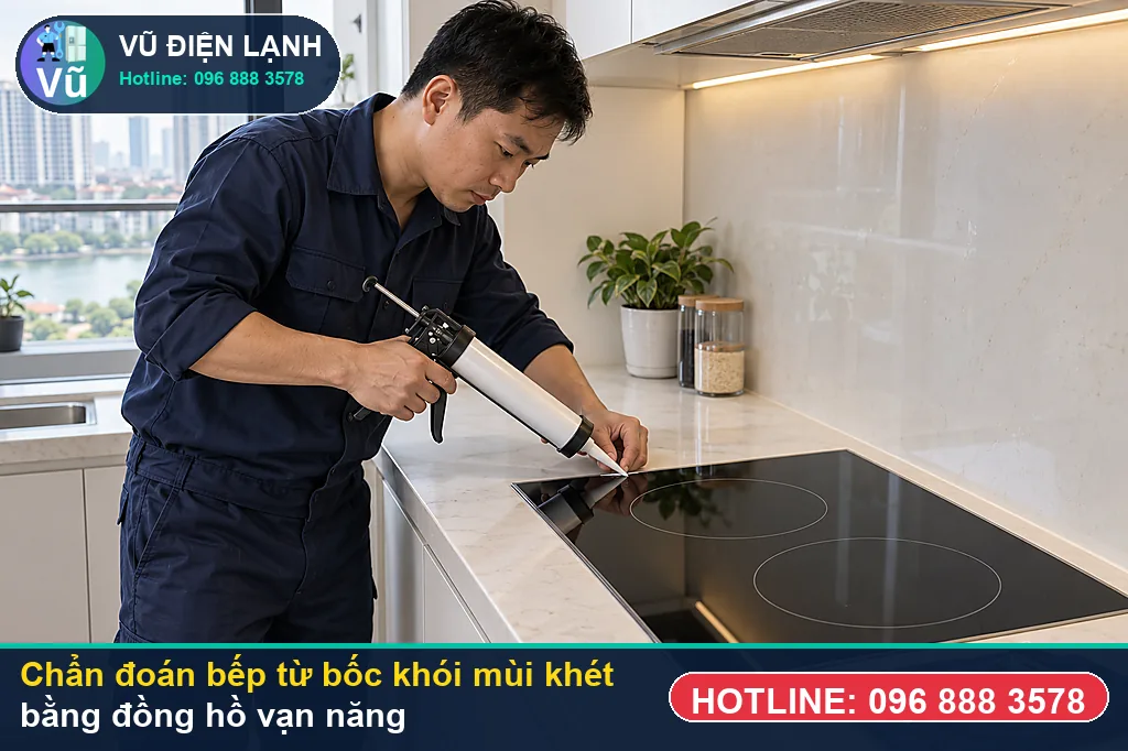Thợ Vũ Điện Lạnh đo kiểm hạng mục phồng nổ hoặc cháy tụ lọc nguồn mkp 5uf-400v / tụ lọc nguồn khi xử lý bếp từ bốc khói mùi khét