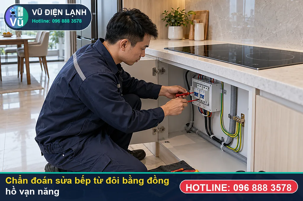 Thợ Vũ Điện Lạnh đo kiểm hạng mục lỗi mất nguồn hoặc chỉ lên điện 1 bên vùng nấu khi xử lý sửa bếp từ đôi