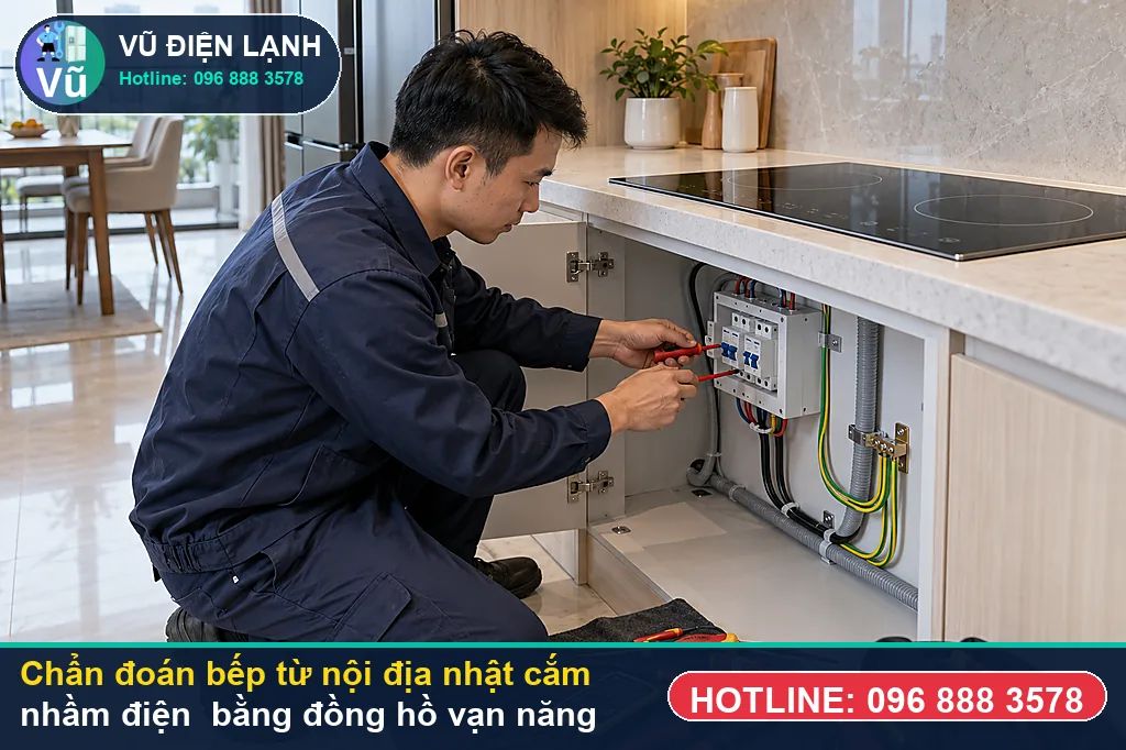 Thợ Vũ Điện Lạnh đo kiểm hạng mục trường hợp 1: bếp từ nội địa nhật điện 100v khi xử lý bếp từ nội địa nhật cắm nhầm điện 220v