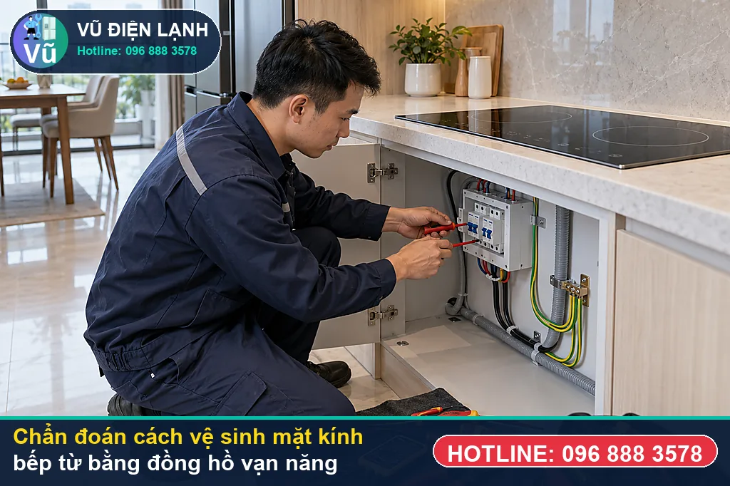 Thợ Vũ Điện Lạnh đo kiểm hạng mục vết dầu mỡ và nước canh mới bắn ra sau mỗi bữa nấu khi xử lý cách vệ sinh mặt kính bếp từ