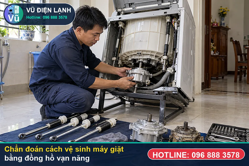 Thợ Vũ Điện Lạnh đo kiểm hạng mục ổ khóa cửa điện từ nhiệt ptc 3-4 chân (door lock switch) trê khi xử lý cách vệ sinh máy giặt