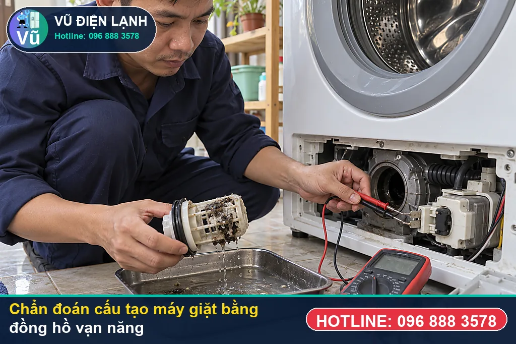 Thợ Vũ Điện Lạnh đo kiểm hạng mục vành gioăng cao su tổng hợp epdm cổ cửa ngang bị rách thủng khi xử lý cấu tạo máy giặt