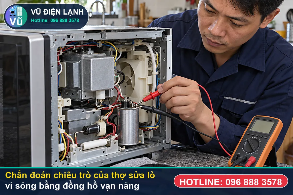 Thợ Vũ Điện Lạnh đo kiểm hạng mục chiêu trò 1: lò chỉ đứt cầu chì cao áp 5kv (144k) hoặc cháy khi xử lý chiêu trò của thợ sửa lò vi sóng