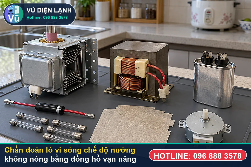 Thợ Vũ Điện Lạnh đo kiểm hạng mục cháy đứt cặp bóng nhiệt nướng thạch anh (quartz tube) hoặc t khi xử lý lò vi sóng chế độ nướng không nóng