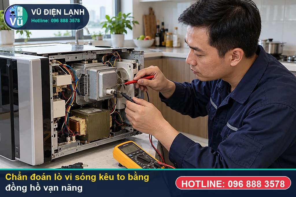 Thợ Vũ Điện Lạnh đo kiểm hạng mục chập đi-ốt cao áp (hv diode) hoặc chập tụ điện cao áp 2100v khi xử lý lò vi sóng kêu to