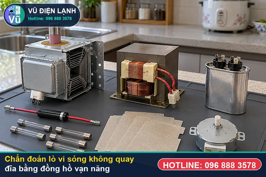 Thợ Vũ Điện Lạnh đo kiểm hạng mục đặt lệch đĩa thủy tinh khỏi chạc 3 chấu hoặc kẹt bánh xe vòn khi xử lý lò vi sóng không quay đĩa