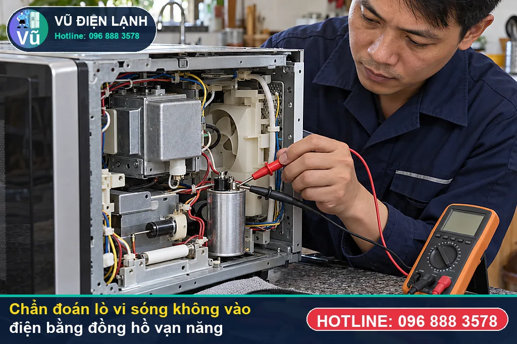 Thợ Vũ Điện Lạnh đo kiểm hạng mục nổ đứt cầu chì nguồn sơ cấp 10a - 15a (250v) trên bo lọc nhi khi xử lý lò vi sóng không vào điện