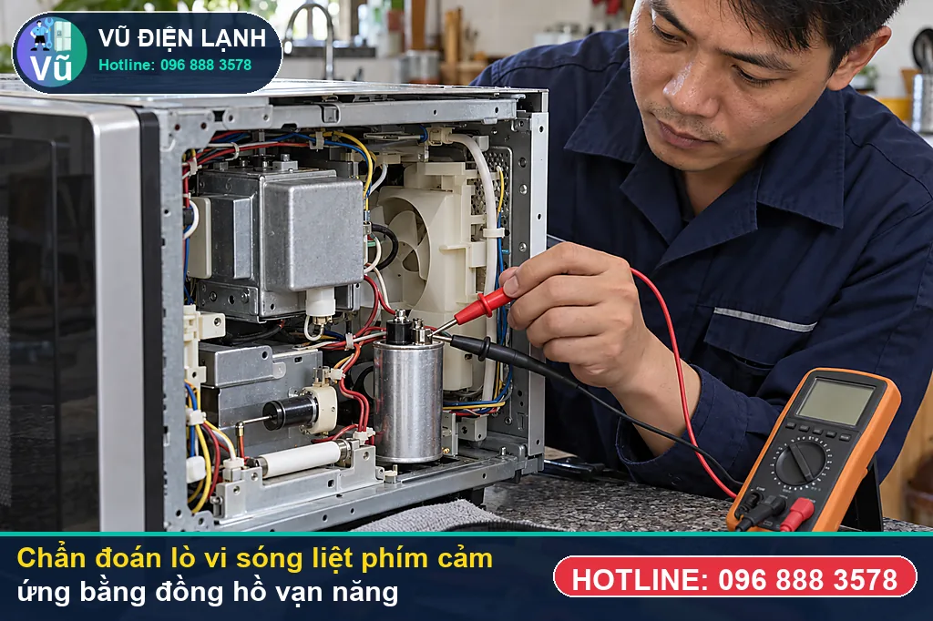 Thợ Vũ Điện Lạnh đo kiểm hạng mục ẩm mốc, đứt đường mạch than/bạc trong tấm phím bấm màng khi xử lý lò vi sóng liệt phím cảm ứng