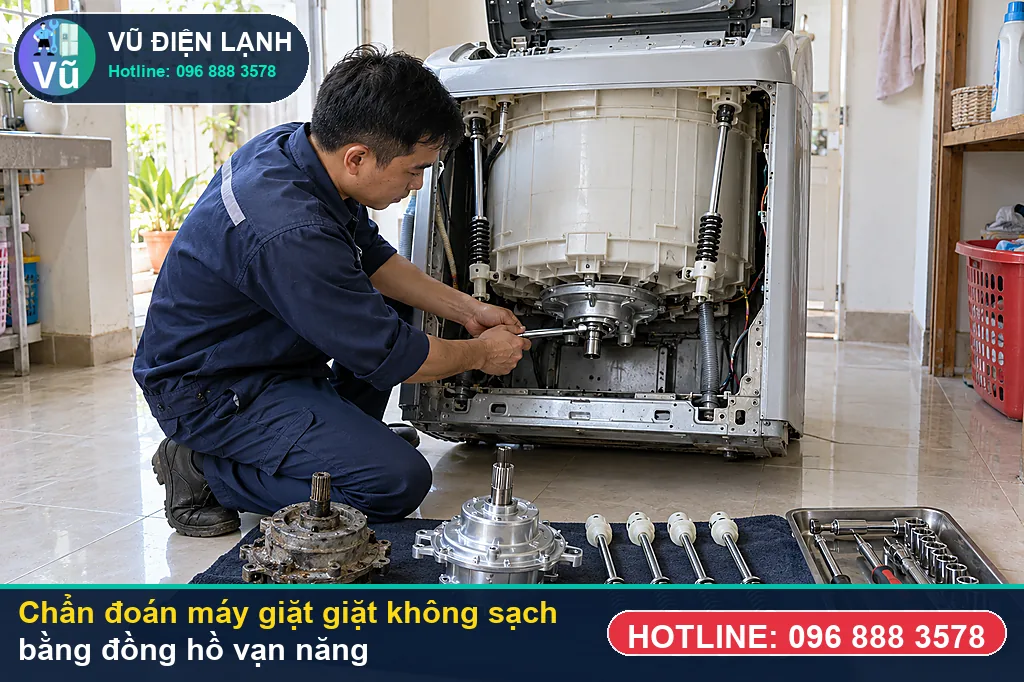 Thợ Vũ Điện Lạnh đo kiểm hạng mục đang bật chế độ khóa trẻ em (child lock - cl) hoặc chưa đóng khi xử lý máy giặt giặt không sạch