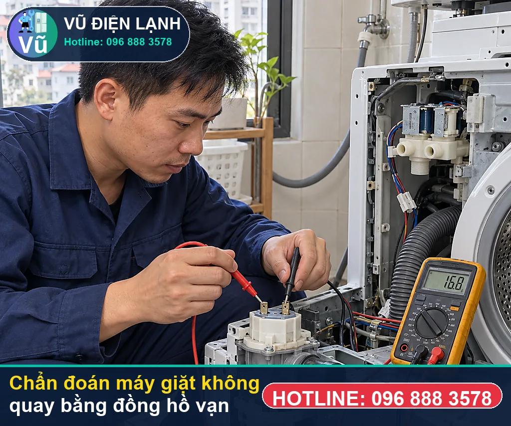 Thợ Vũ Điện Lạnh đo kiểm hạng mục rách vành gioăng cao su cổ cửa ngang (door boot seal) hoặc h khi xử lý máy giặt không quay