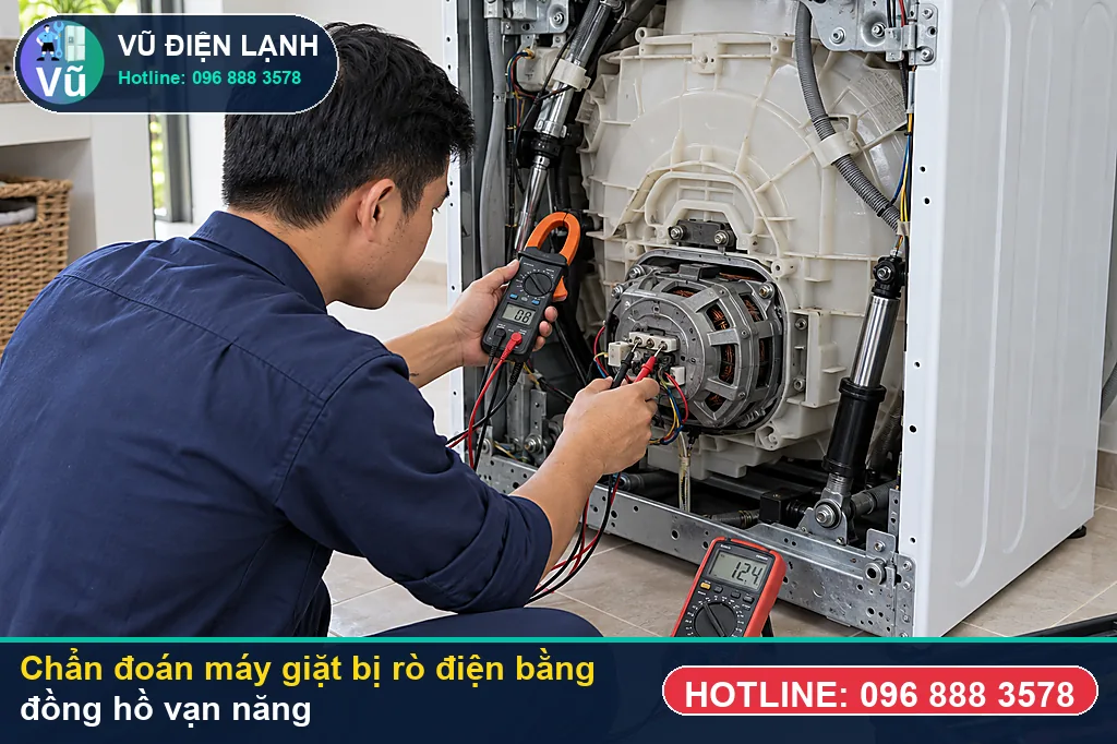 Thợ Vũ Điện Lạnh đo kiểm hạng mục lệch tâm lồng giặt khi vắt kích hoạt thuật toán tự động bù n khi xử lý máy giặt bị rò điện