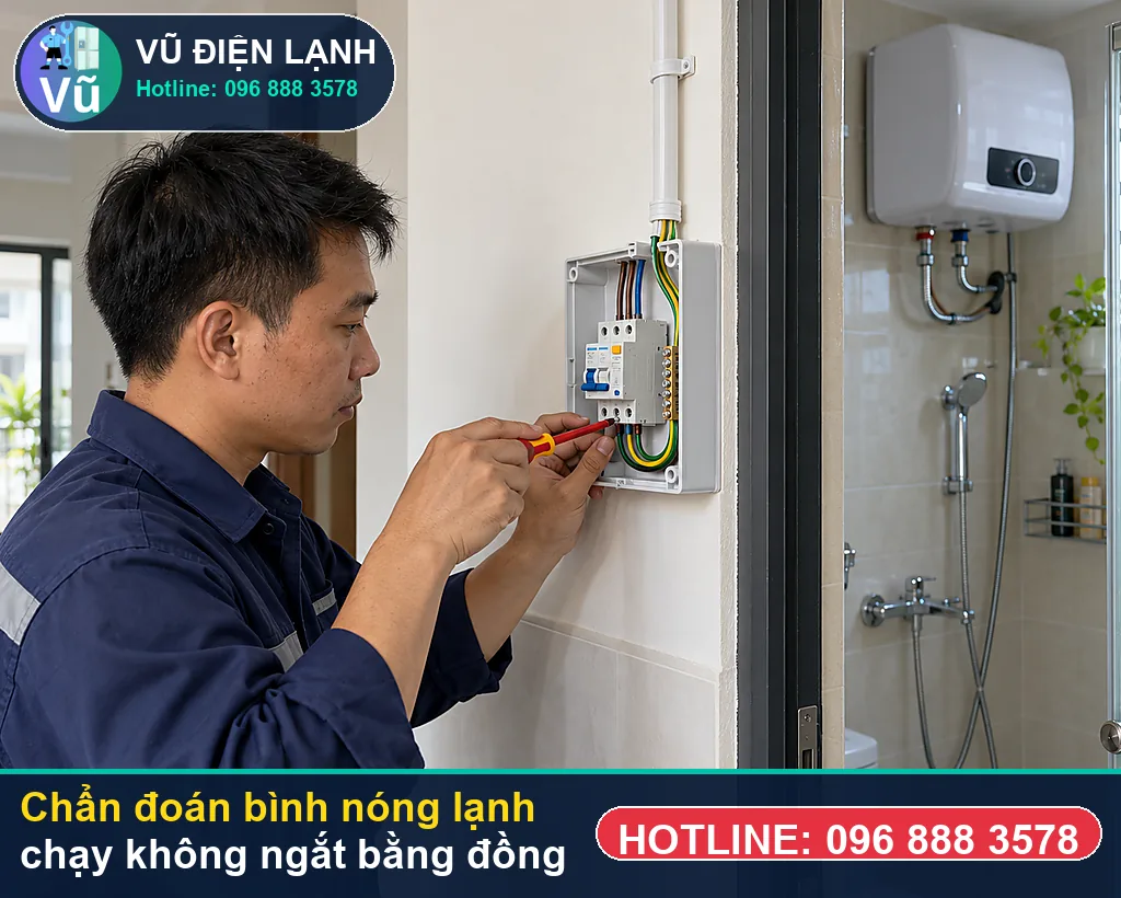 Thợ Vũ Điện Lạnh đo kiểm hạng mục hàn dính tiếp điểm đồng bên trong rơ-le nhiệt độ khi kiểm tra bình nóng lạnh chạy không ngắt