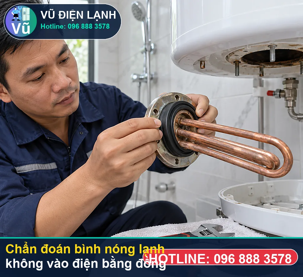 Thợ Vũ Điện Lạnh đo kiểm hạng mục hỏng aptomat tường (cb 20a) hoặc đứt ngầm dây nguồn cấp vào khi kiểm tra bình nóng lạnh không vào điện