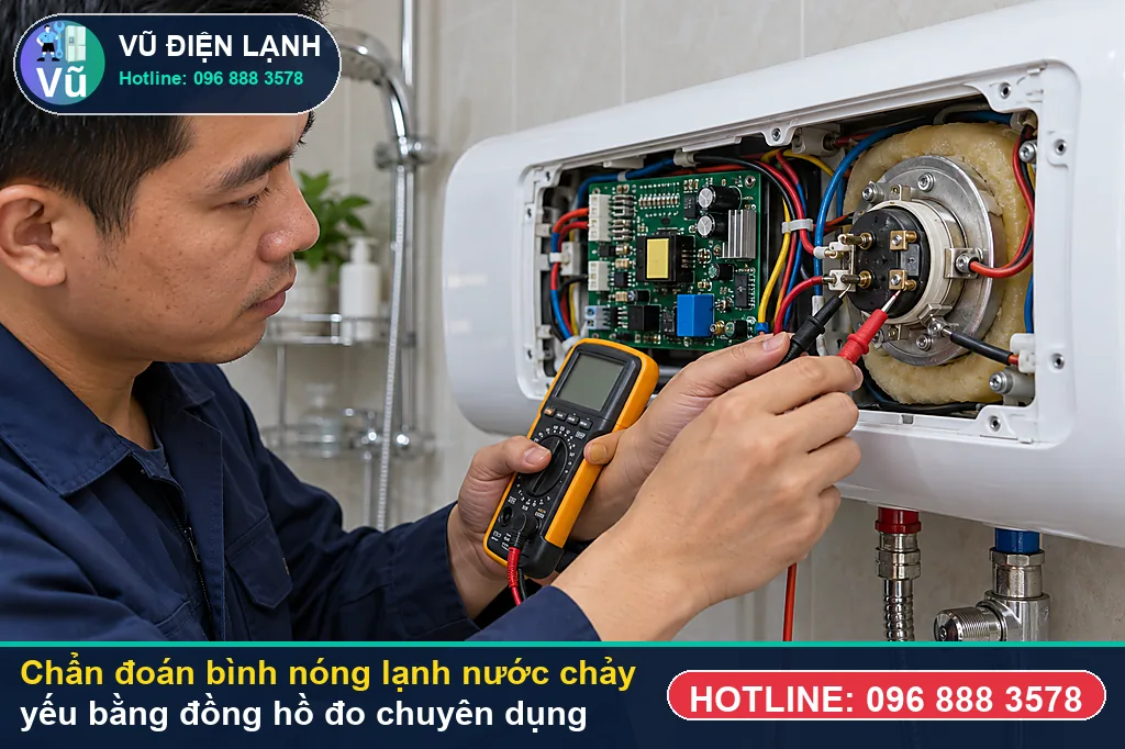 Thợ Vũ Điện Lạnh đo kiểm hạng mục hiện tượng e khí (air lock) tạo túi khí chặn trên đỉnh bình khi kiểm tra bình nóng lạnh nước chảy yếu