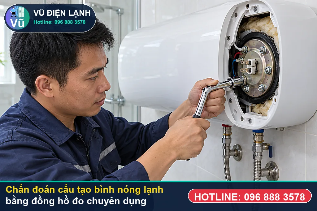 Thợ Vũ Điện Lạnh đo kiểm hạng mục cấu tạo vỏ bình, lớp xốp bảo ôn polyurethane (pu) & ruột bìn khi kiểm tra cấu tạo bình nóng lạnh