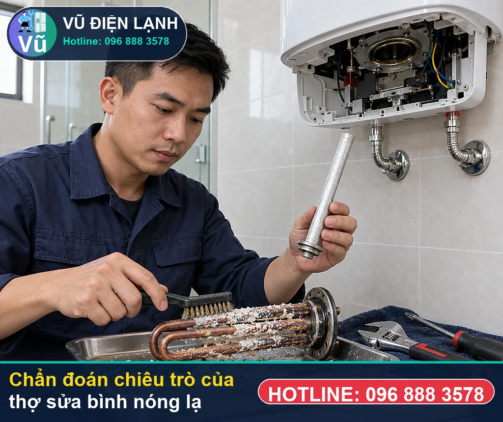 Thợ Vũ Điện Lạnh đo kiểm hạng mục chiêu trò 1: rơ-le chỉ bị nhảy nút reset quá nhiệt hoặc tuột khi kiểm tra chiêu trò của thợ sửa bình nóng lạnh