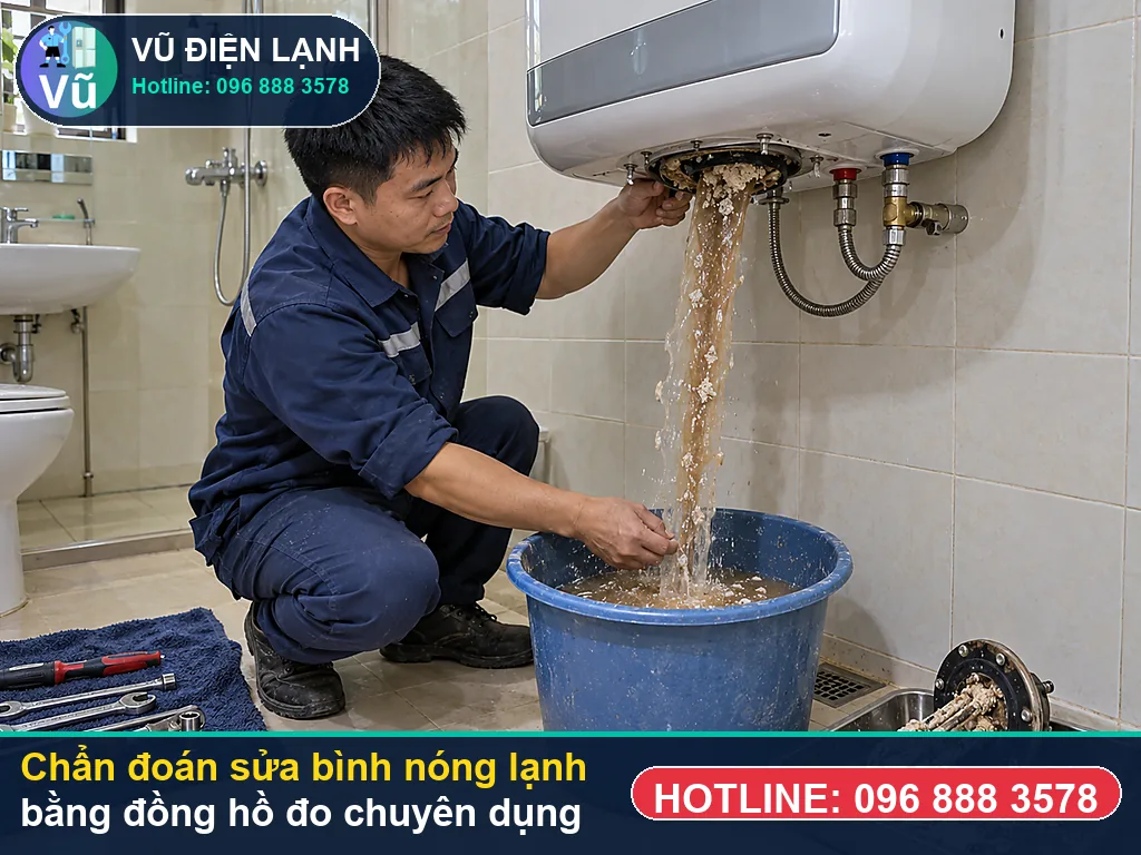 Thợ Vũ Điện Lạnh đo kiểm hạng mục cọc đốt / thanh nhiệt đun nước (1.500w - 2.500w) & thanh mag khi kiểm tra sửa bình nóng lạnh