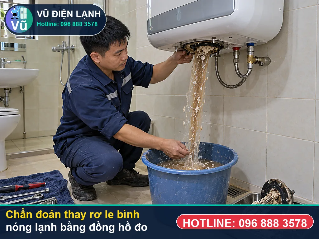 Thợ Vũ Điện Lạnh đo kiểm hạng mục rơ-le nhiệt dạng thanh cắm trực tiếp khi kiểm tra thay rơ le bình nóng lạnh
