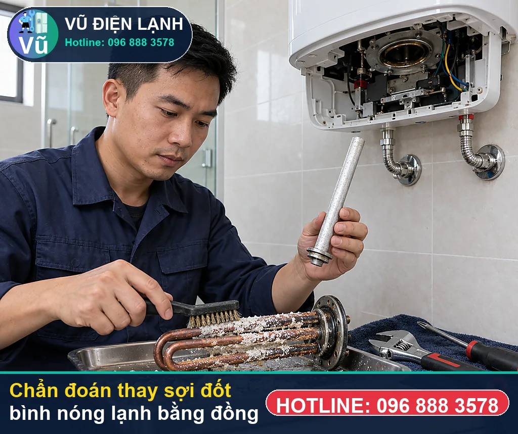 Thợ Vũ Điện Lạnh đo kiểm hạng mục sợi đốt / thanh nhiệt bằng đồng nguyên chất 100% khi kiểm tra thay sợi đốt bình nóng lạnh