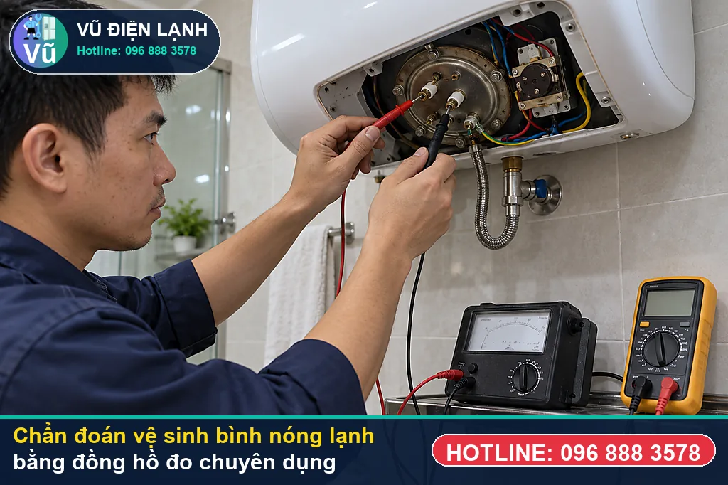 Thợ Vũ Điện Lạnh đo kiểm hạng mục lòng bình chứa tráng men titanium tích tụ bùn phèn & cặn vôi khi kiểm tra vệ sinh bình nóng lạnh