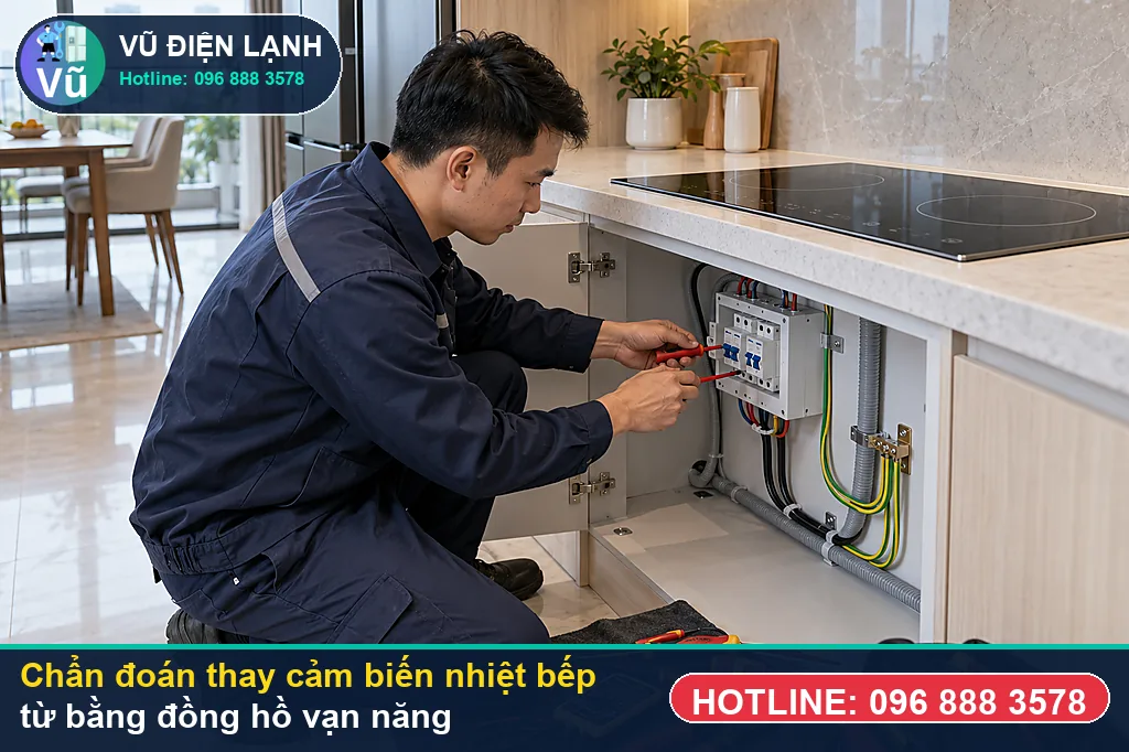 Thợ Vũ Điện Lạnh đo kiểm hạng mục cảm biến nhiệt độ đáy nồi đặt tại tâm mâm từ khi xử lý thay cảm biến nhiệt bếp từ