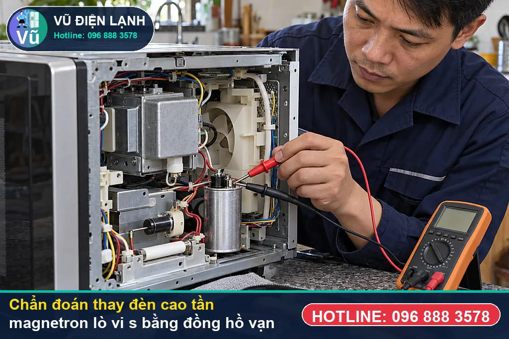 Thợ Vũ Điện Lạnh đo kiểm hạng mục đèn cao tần magnetron phổ thông khi xử lý thay đèn cao tần magnetron lò vi sóng