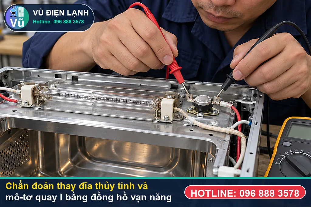 Thợ Vũ Điện Lạnh đo kiểm hạng mục đĩa thủy tinh chịu nhiệt lò vi sóng cỡ nhỏ 24.5cm - 25.5cm khi xử lý thay đĩa thủy tinh và mô-tơ quay lò vi sóng
