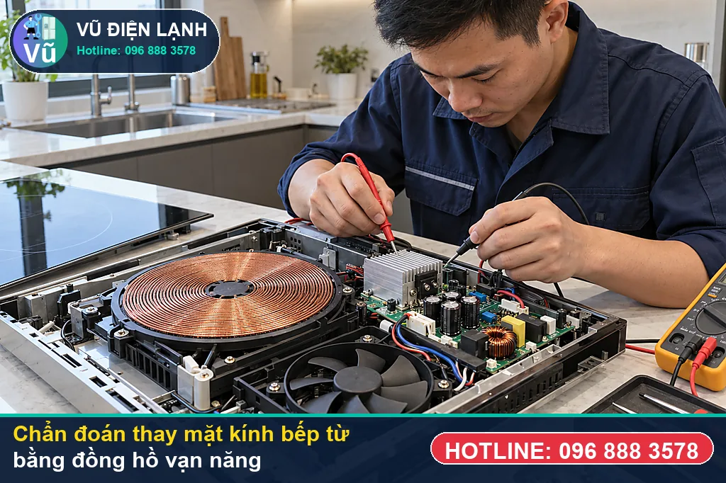 Thợ Vũ Điện Lạnh đo kiểm hạng mục mặt kính schott ceran (chlb đức) khi xử lý thay mặt kính bếp từ