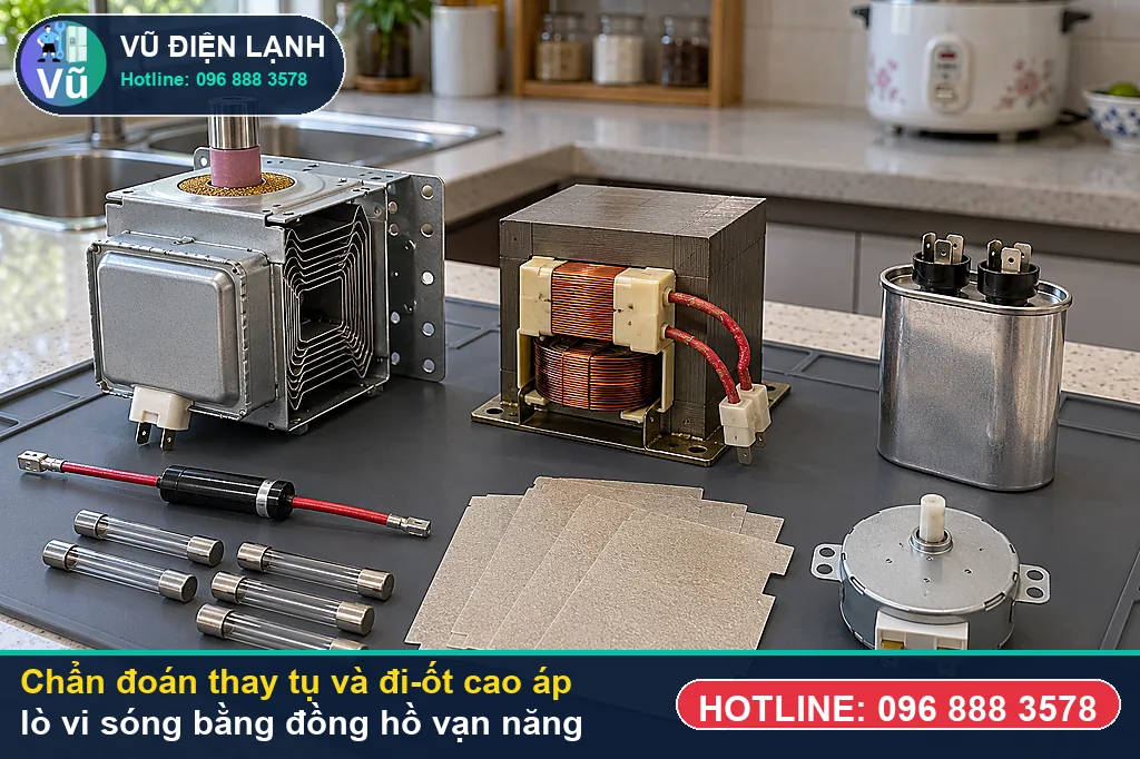 Thợ Vũ Điện Lạnh đo kiểm hạng mục tụ điện cao áp 2100v ac khi xử lý thay tụ và đi-ốt cao áp lò vi sóng